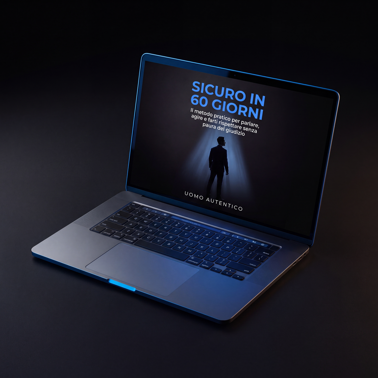 Ebook "Sicuro in 60 Giorni" di Uomo Autentico aperto su laptop, guida per parlare con sicurezza e farsi rispettare