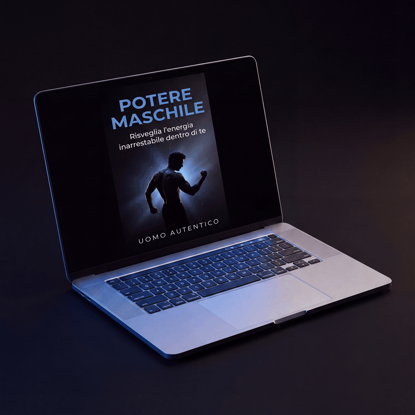 Ebook Potere Maschile aperto su laptop, sviluppo personale ed energia maschile