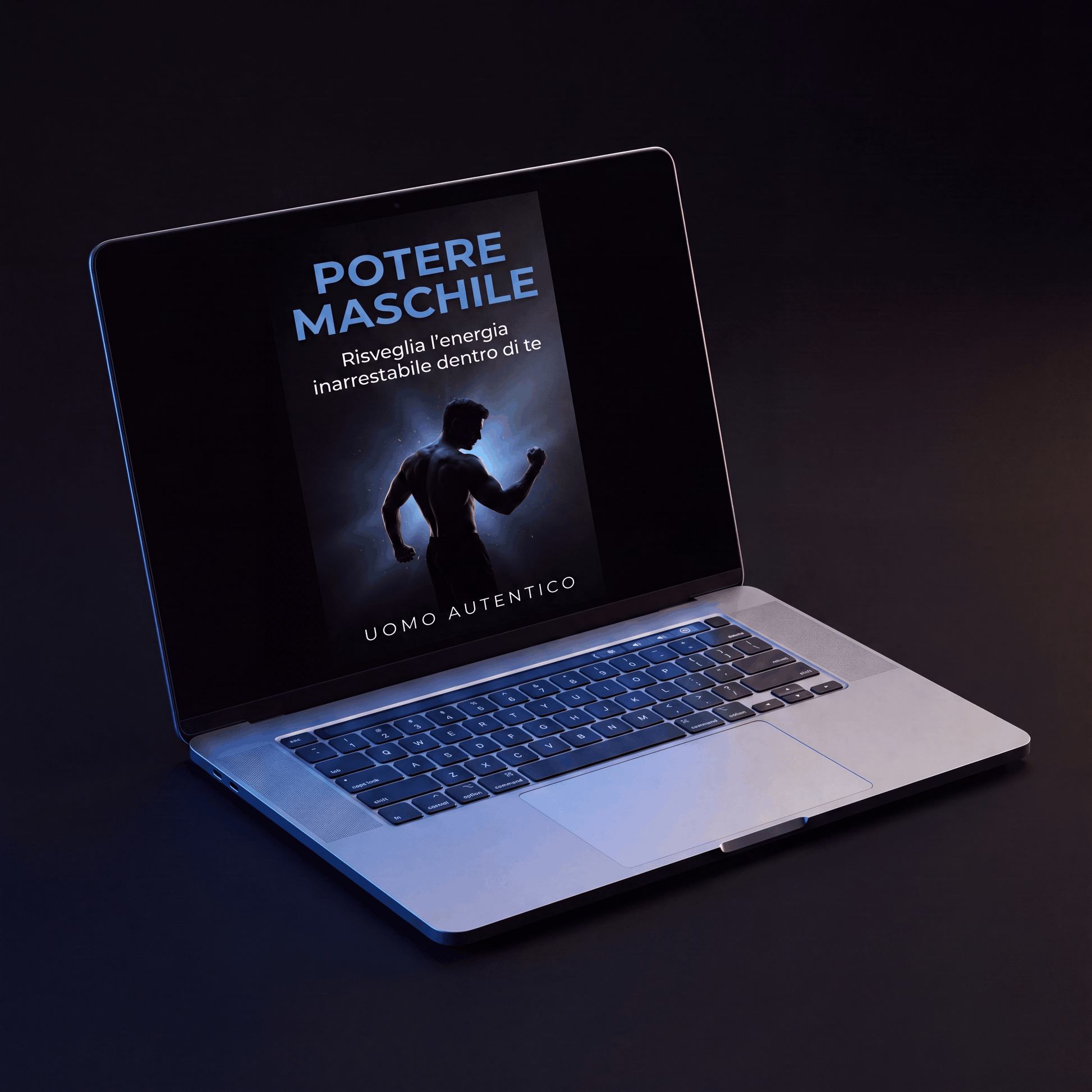 Ebook Potere Maschile aperto su laptop, sviluppo personale ed energia maschile