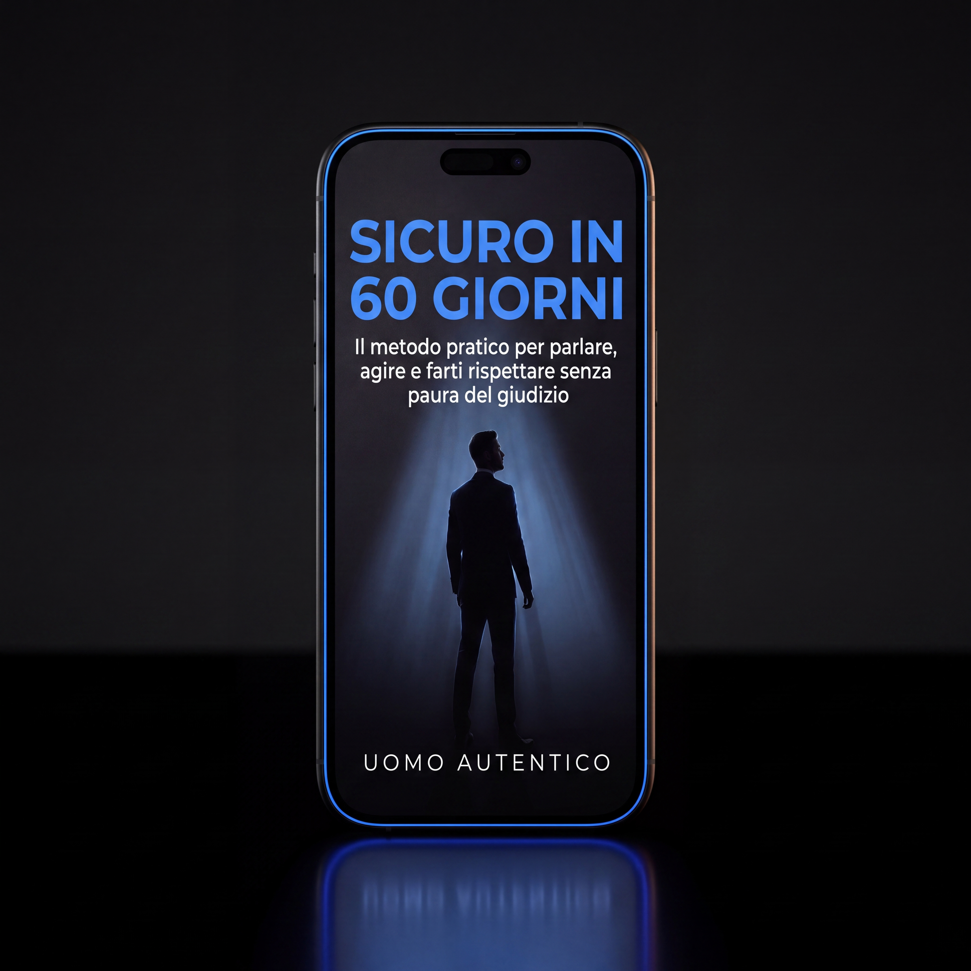 Ebook "Sicuro in 60 Giorni" di Uomo Autentico visualizzato su smartphone con cornice luminosa blu, guida pratica alla sicurezza in sé stessi
