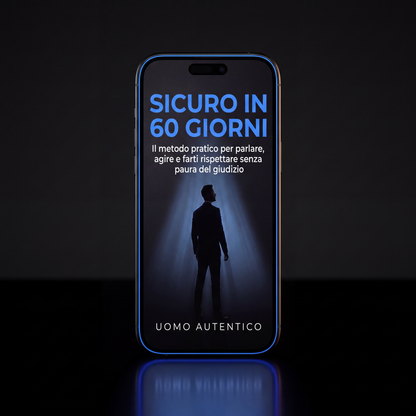 Ebook "Sicuro in 60 Giorni" di Uomo Autentico visualizzato su smartphone con cornice luminosa blu, guida pratica alla sicurezza in sé stessi