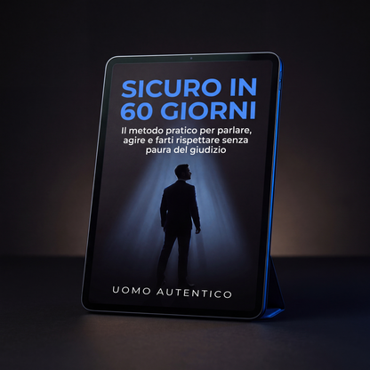 Ebook di crescita personale "Sicuro in 60 Giorni" con silhouette di uomo nella luce, metodo per superare la paura del giudizio