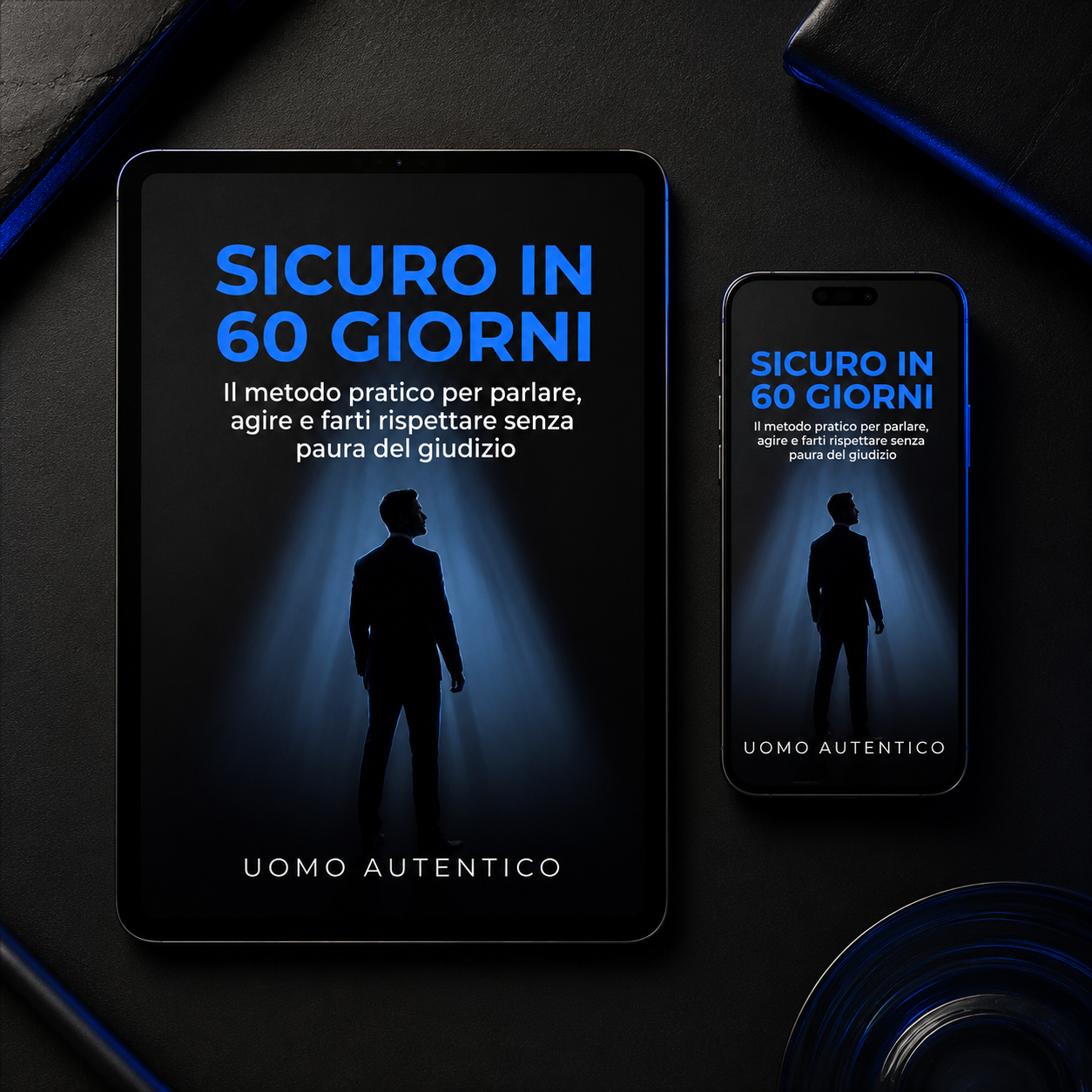 Ebook "Sicuro in 60 Giorni" di Uomo Autentico su tablet e smartphone, manuale digitale di autostima e sicurezza personale