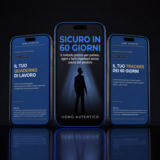 Ebook "Sicuro in 60 Giorni" di Uomo Autentico con i bonus inclusi su tre smartphone: quaderno di lavoro e tracker dei 60 giorni per la crescita personale